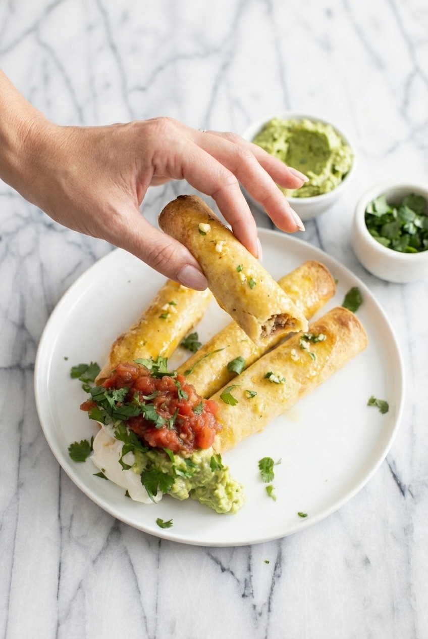 Egg and Sausage Breakfast Taquitos served on a plate with fresh pico de gallo for a high-protein breakfast.