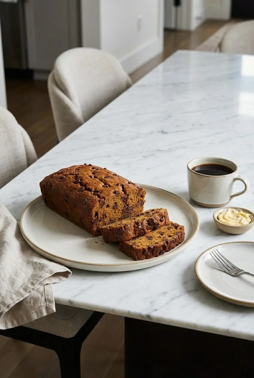 Slices of Brown Butter Pumpkin Bread served on a wooden board with a sprinkle of pumpkin pie spice.