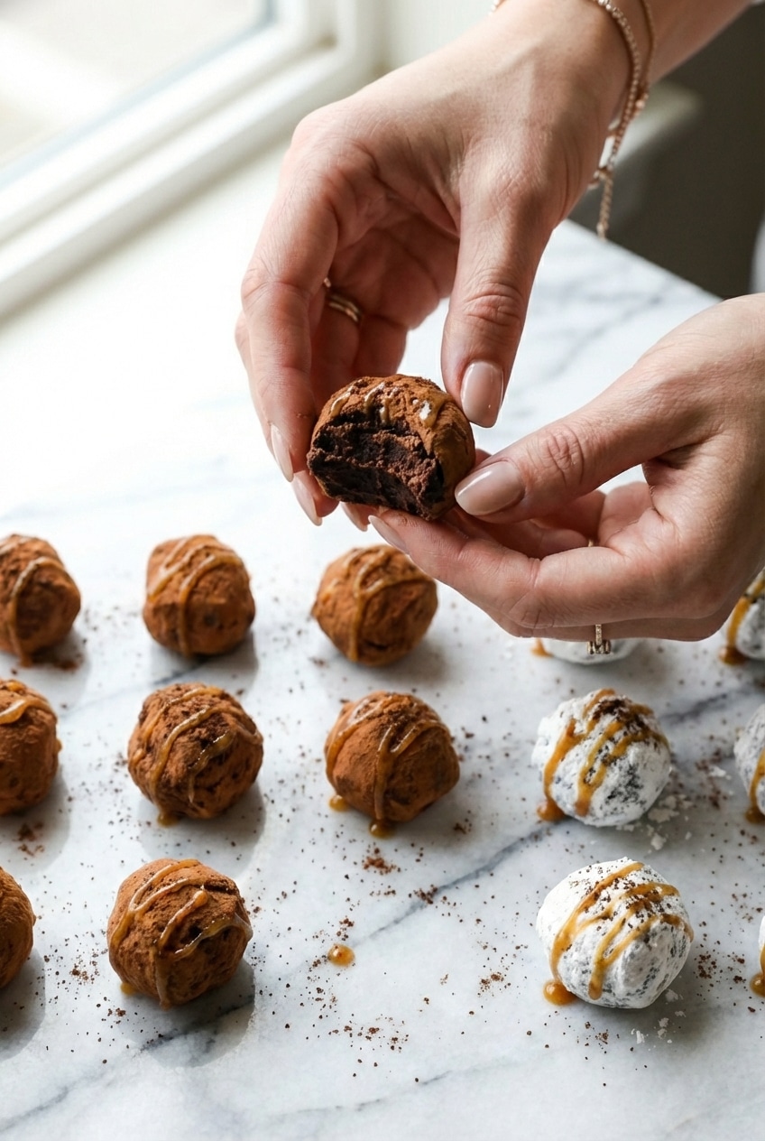 A platter of brownie truffles arranged for a party dessert table ready to be served.