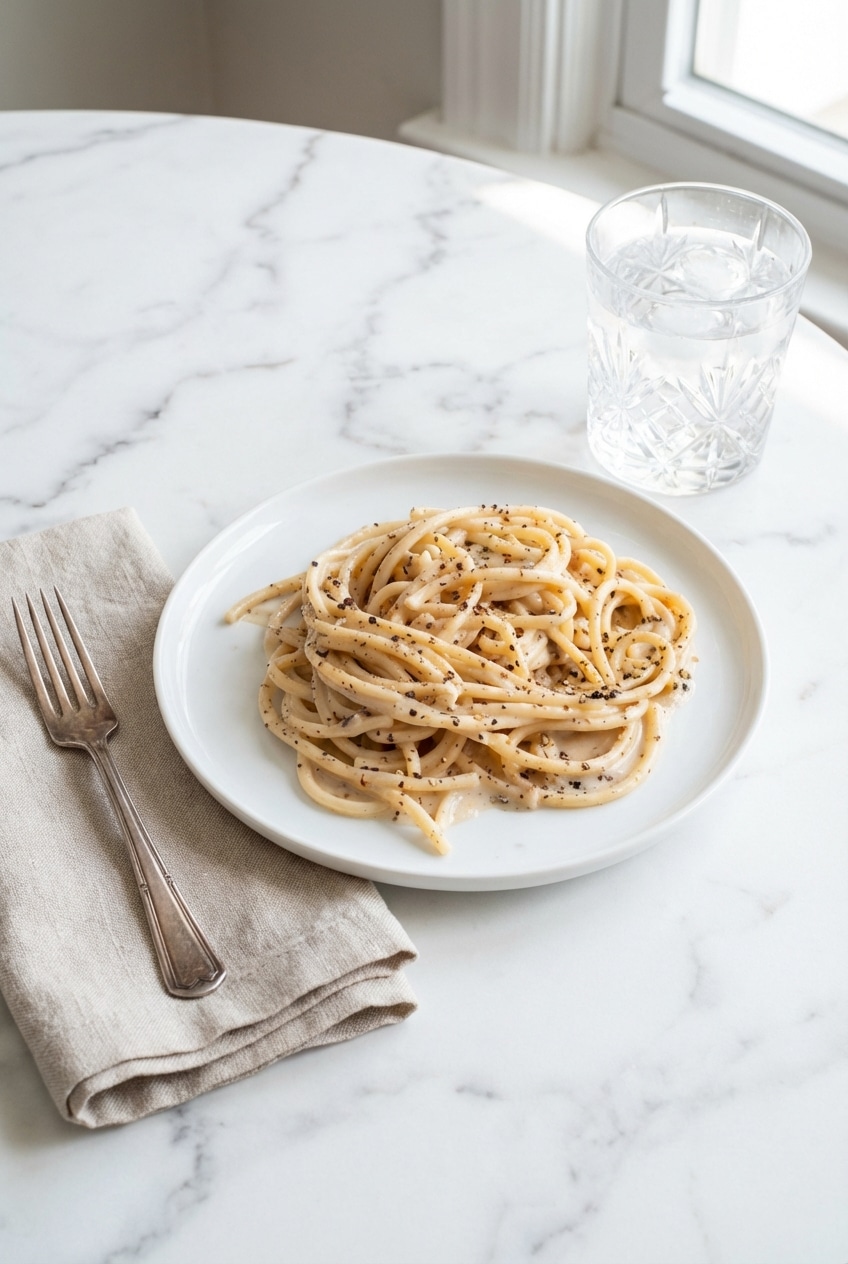 A fresh bowl of al dente bucatini cacio e pepe topped with freshly cracked black pepper.