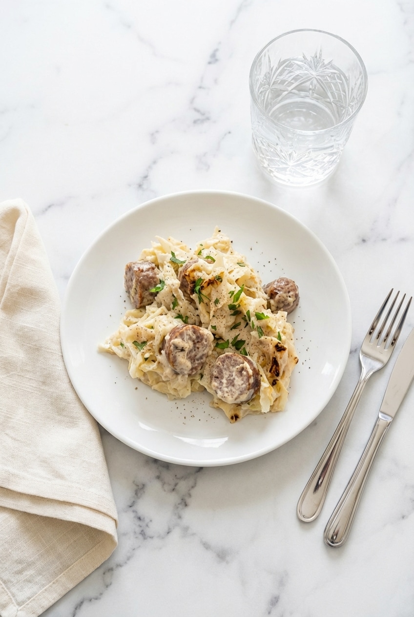 Cabbage Alfredo served in a white bowl, ready for a cozy low-carb dinner.