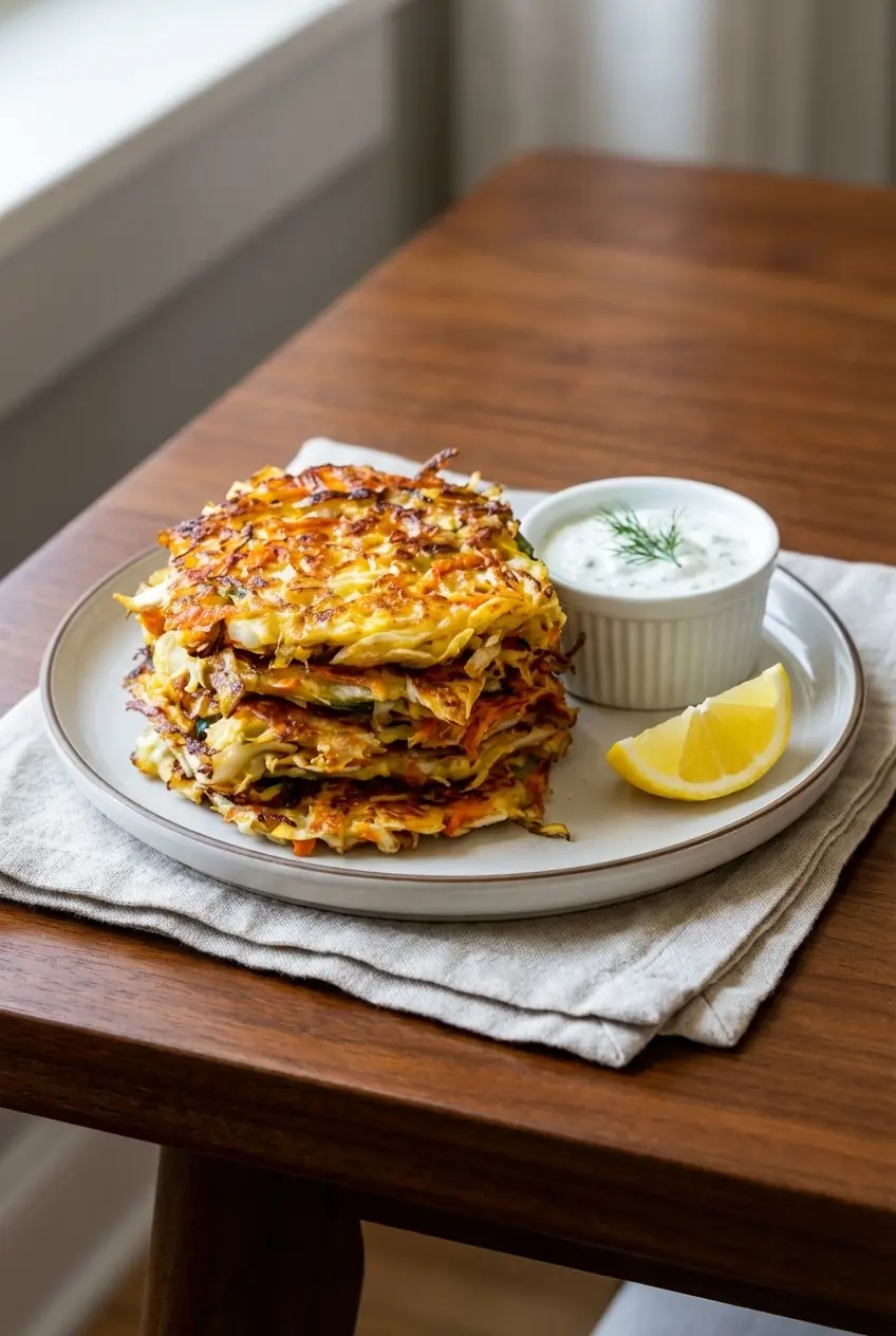 A stack of savory Cabbage Fritters served on a plate with dipping sauce, ready for a cozy weeknight dinner or brunch.