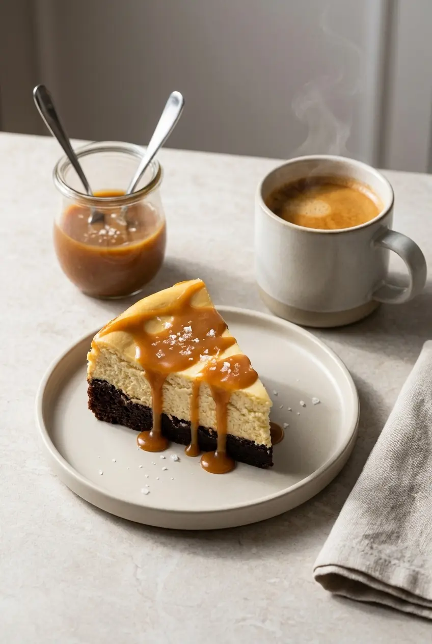 A decadent slice of Caramel Brownie Cheesecake drizzled with extra salted caramel sauce on a serving plate.