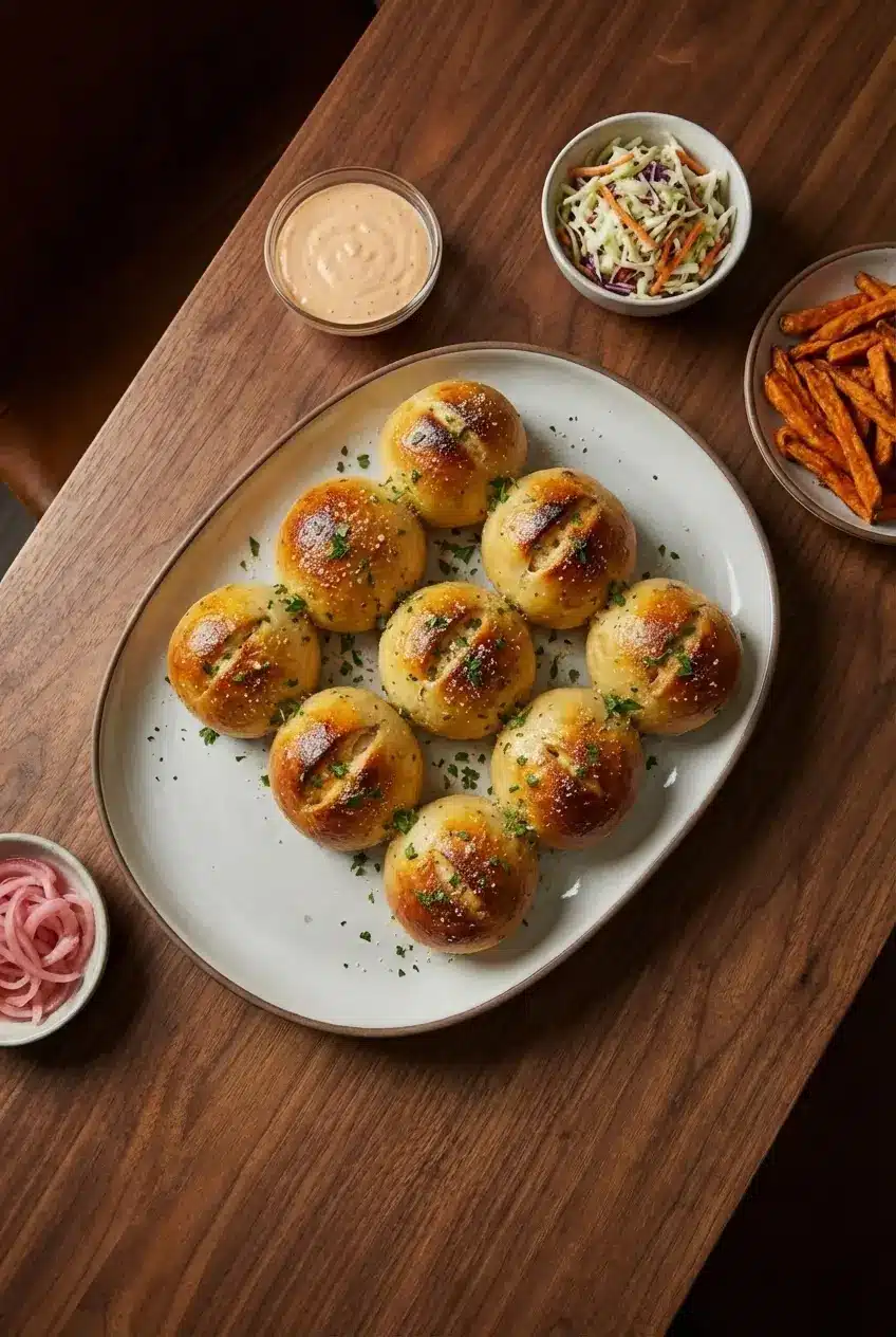 Garlic Parmesan Cheeseburger Bombs presented on a serving platter as the perfect game day snacks.