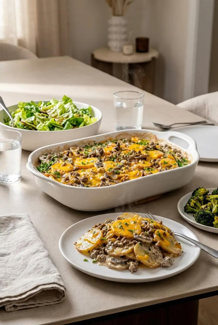 A portion of cheesy hamburger potato casserole served on a white plate, showcasing the creamy, layered interior.