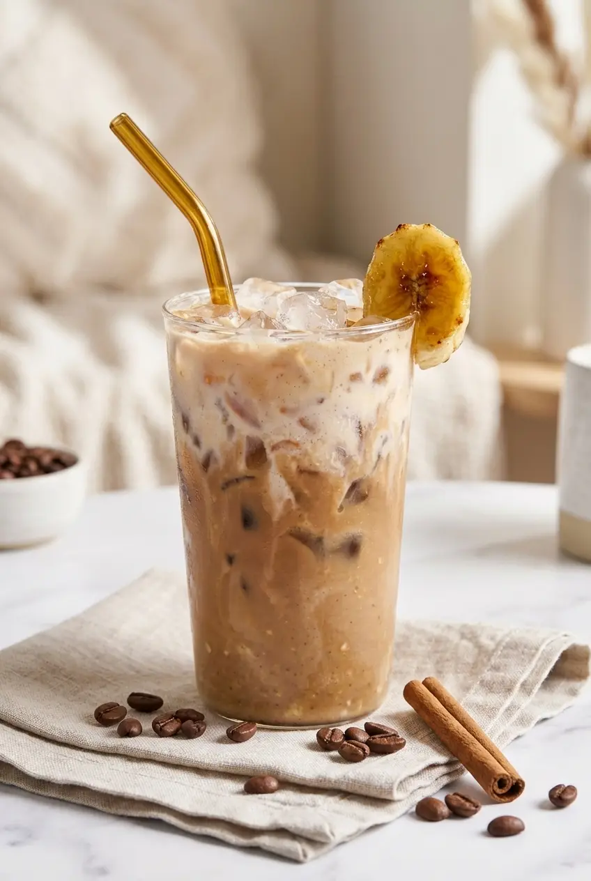 Two glasses of chilled Banana Iced Coffee served on a rustic wooden tray for a refreshing afternoon break.
