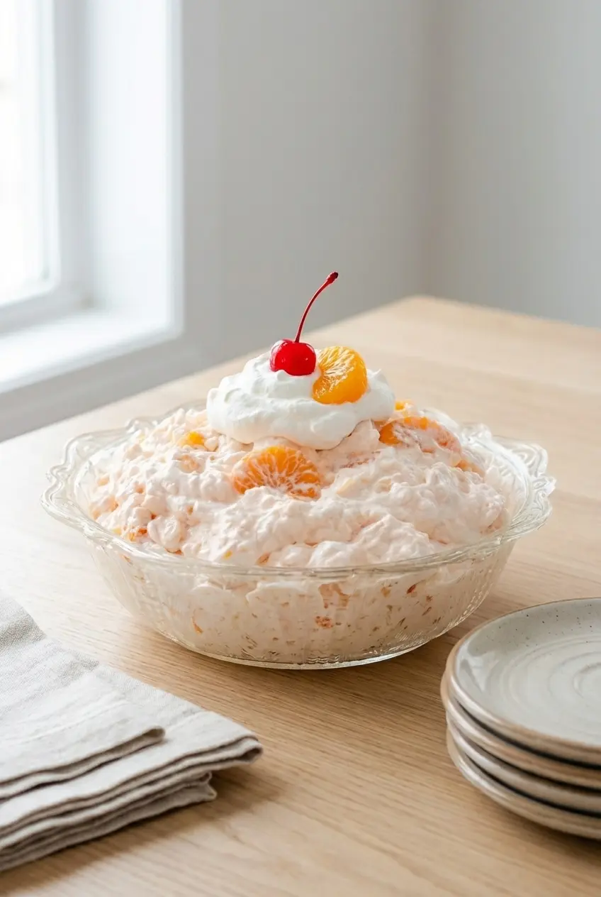 A chilled glass serving dish filled with bright Cottage Cheese Jello Salad ready to be enjoyed at a dinner party.