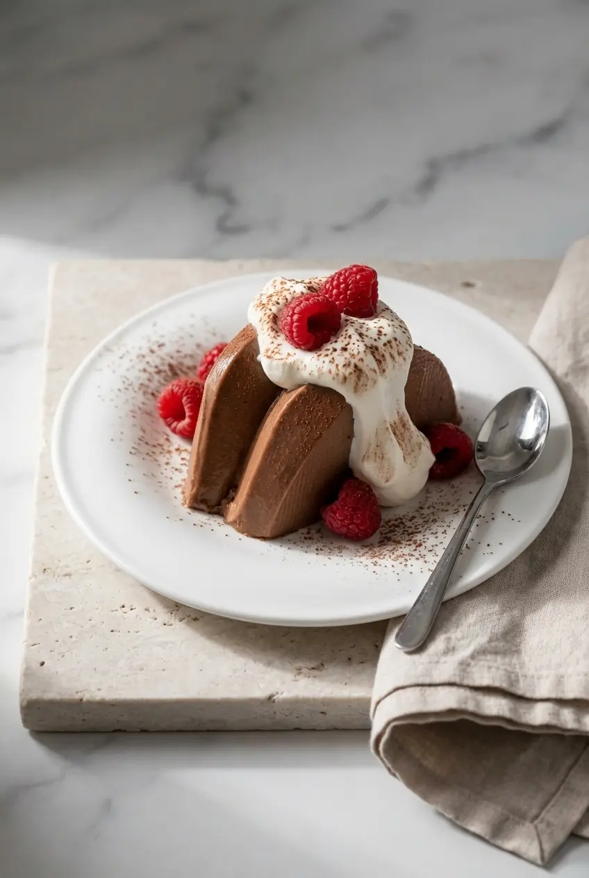 A chilled high protein gelatin dessert served in glass ramekins on a rustic table, ready to be enjoyed as a keto dessert.