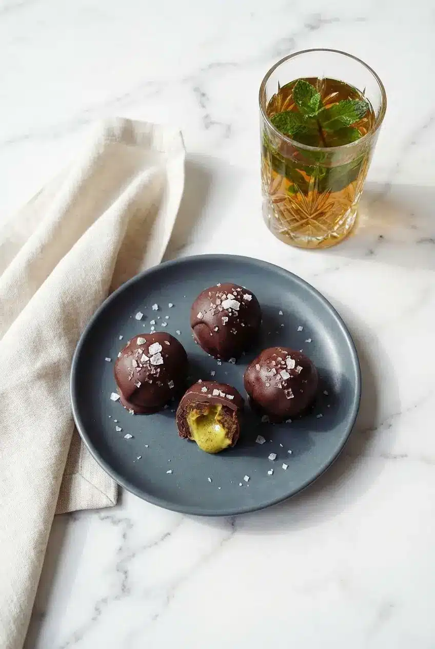 A plate of chilled Pistachio Butter Stuffed Dates served alongside a warm cup of coffee on a cozy kitchen counter.