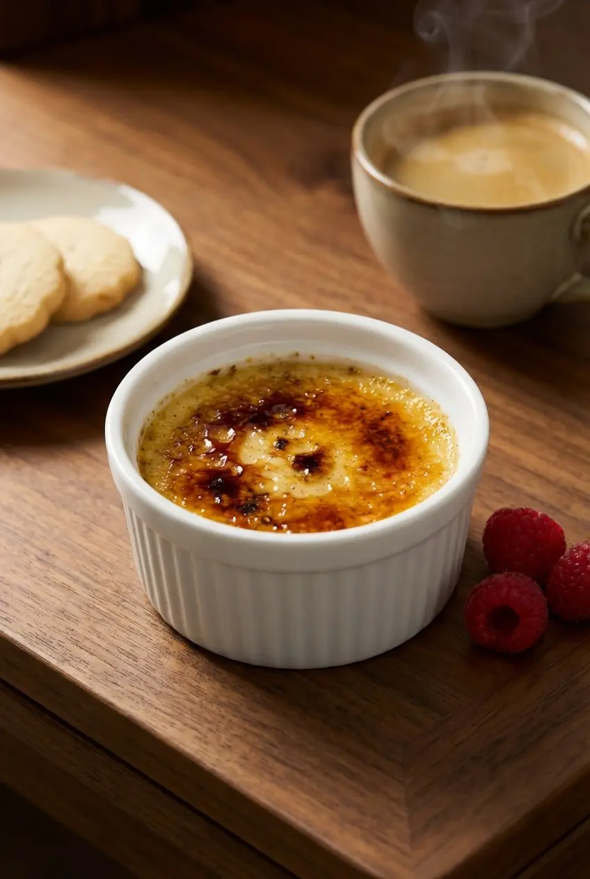 Two chilled ramekins of Tahitian Vanilla Creme Brulee set on a rustic wooden tray with fresh berries and spoons for serving.