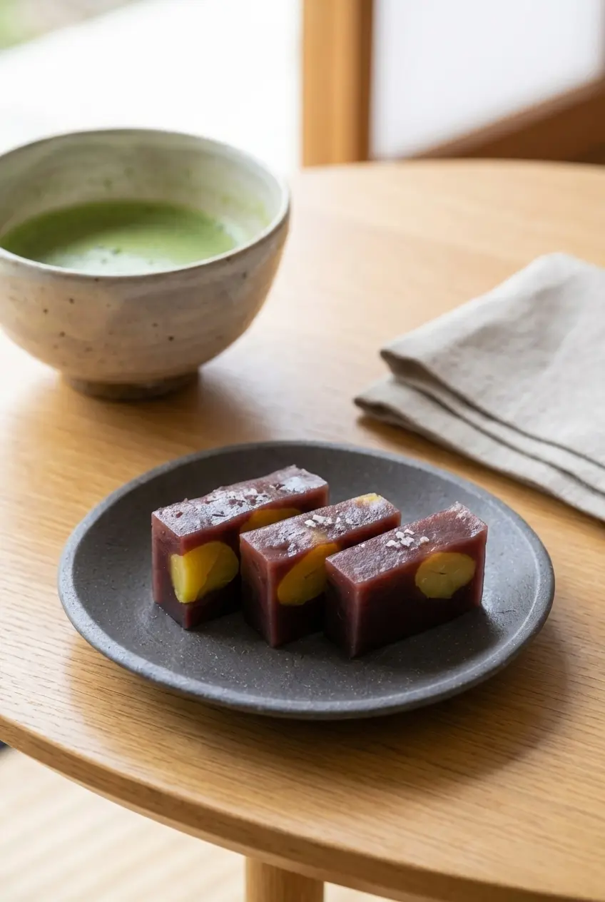 Sliced pieces of the chilled Yokan Jelly Recipe arranged on a bamboo tray alongside a warm cup of roasted green tea.