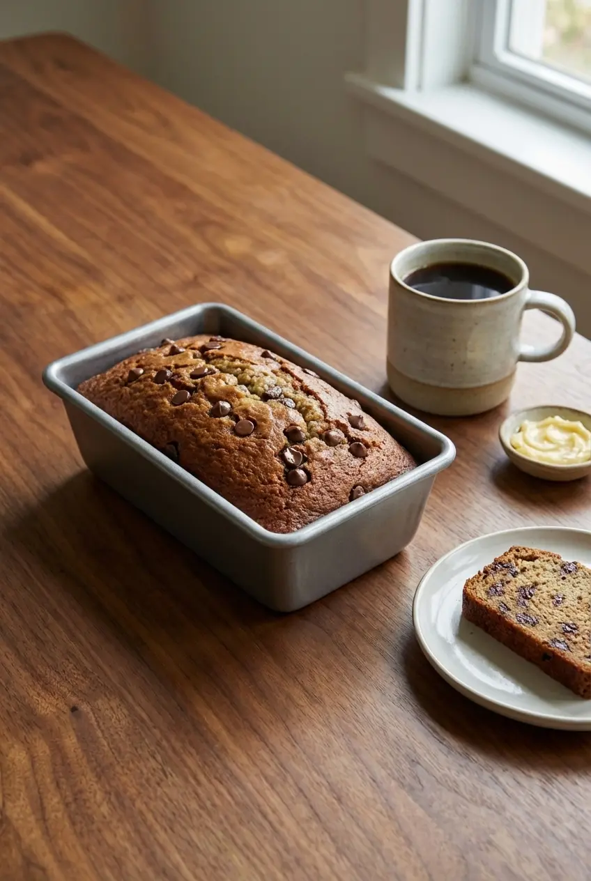 Plated chocolate chip banana bread slices ready for a cozy morning breakfast or snack.
