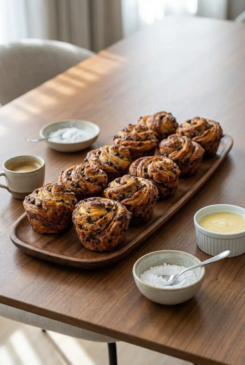 A fresh batch of Chocolate Chip Cruffins arranged for serving on a wooden board.