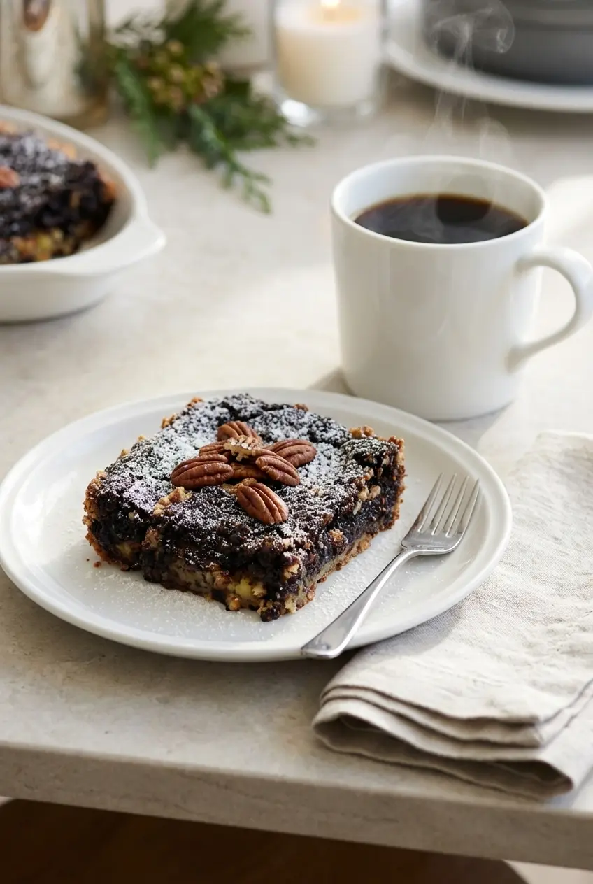 Slices of Chocolate Pecan Ooey Gooey Butter Cake with a light powdered sugar dusting on a serving plate.