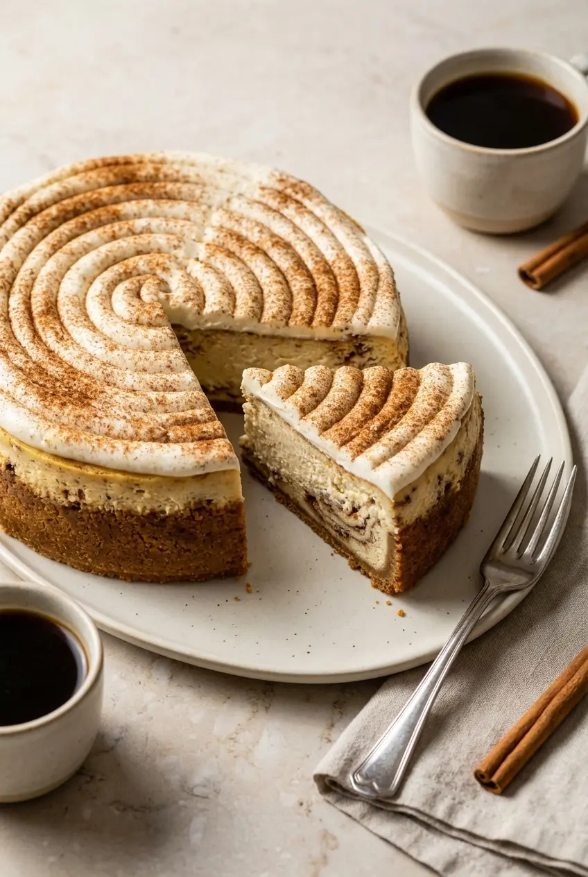A slice of cinnamon roll cheesecake topped with cream cheese frosting, served on a plate for a cozy dessert.