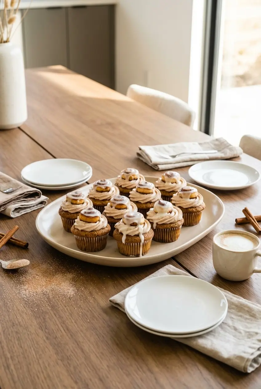 A plate of Cinnamon Roll Cupcakes with cream cheese frosting styled for a cozy brunch serving.