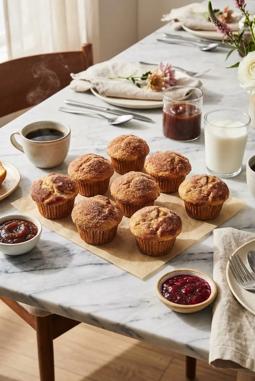 A plate of Cinnamon Sugar Donut Muffins served on a wooden board next to a cup of hot coffee.
