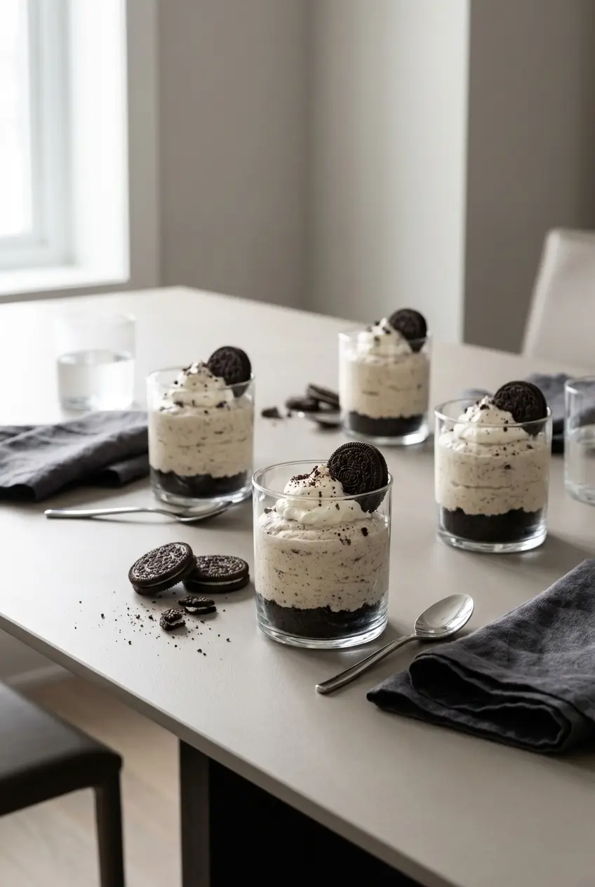Individual servings of Cookies and Cream Mousse Cups chilled and ready for a party dessert table.