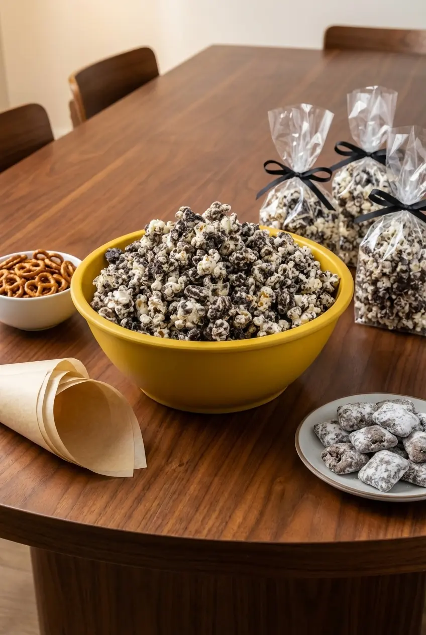 Cookies cream popcorn served in a decorative bowl next to parchment paper on a baking sheet.