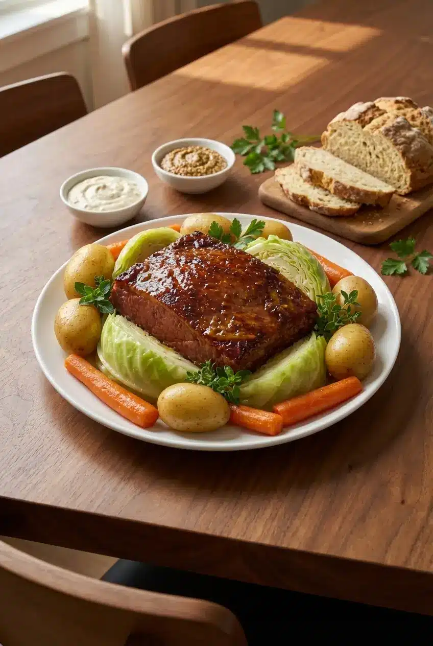 Plated corned beef and cabbage recipe with cabbage wedges and potatoes, served as a cozy family dinner.