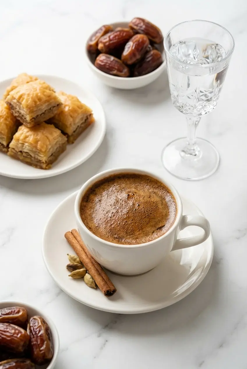 Small, elegant cups filled with our yemeni coffee recipe, served alongside fresh dates on a beautifully arranged tray.