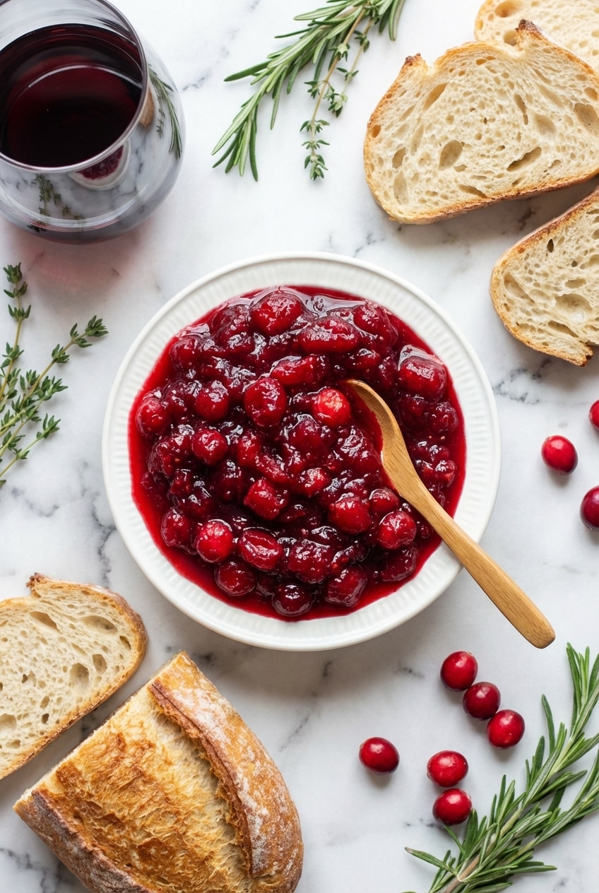 Glass jar filled with cranberry relish recipe placed on a holiday table setting ready for serving