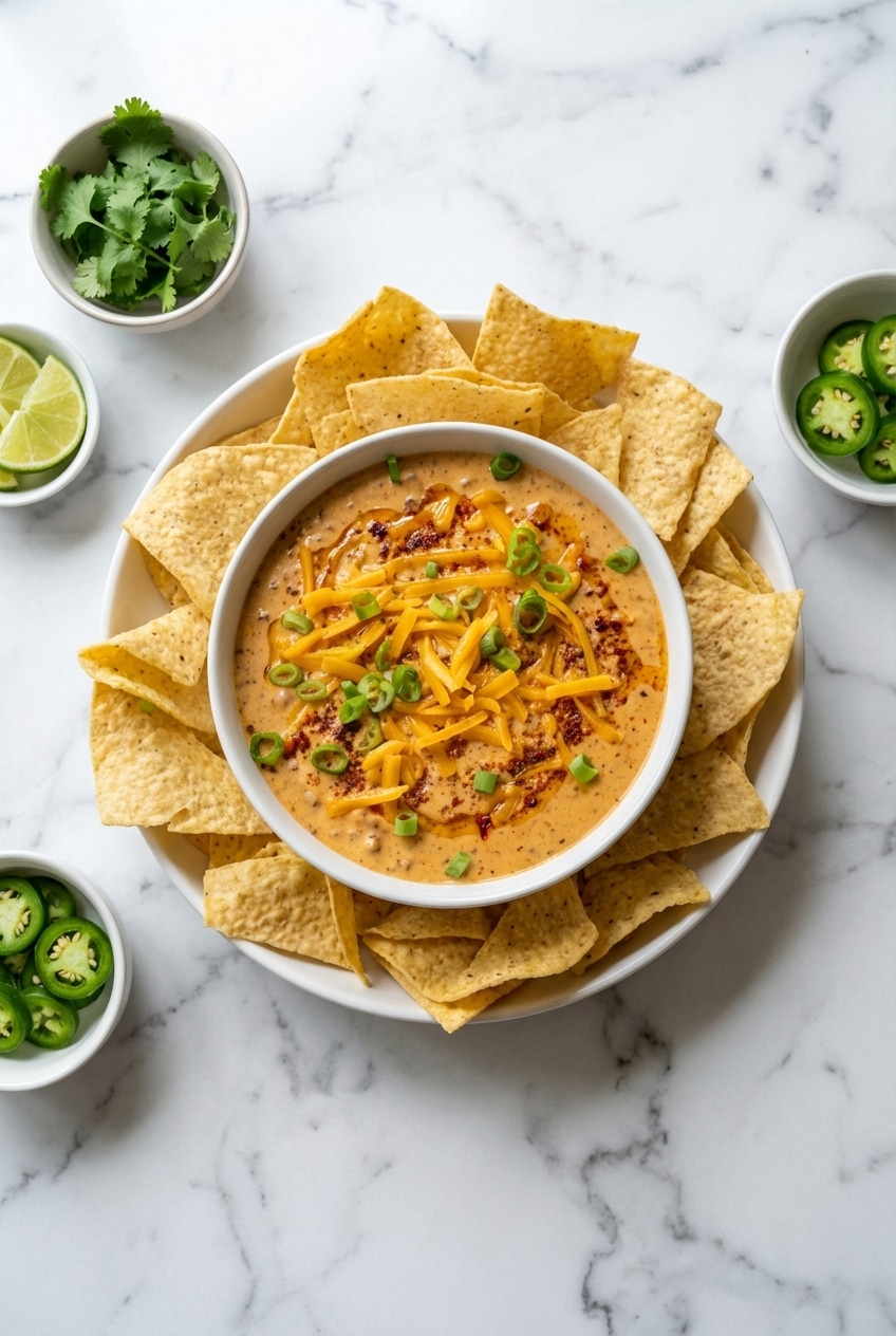Warm slow cooker filled with Cream Cheese and Chili Queso Dip surrounded by bowls of corn chips and celery sticks on a wooden table.