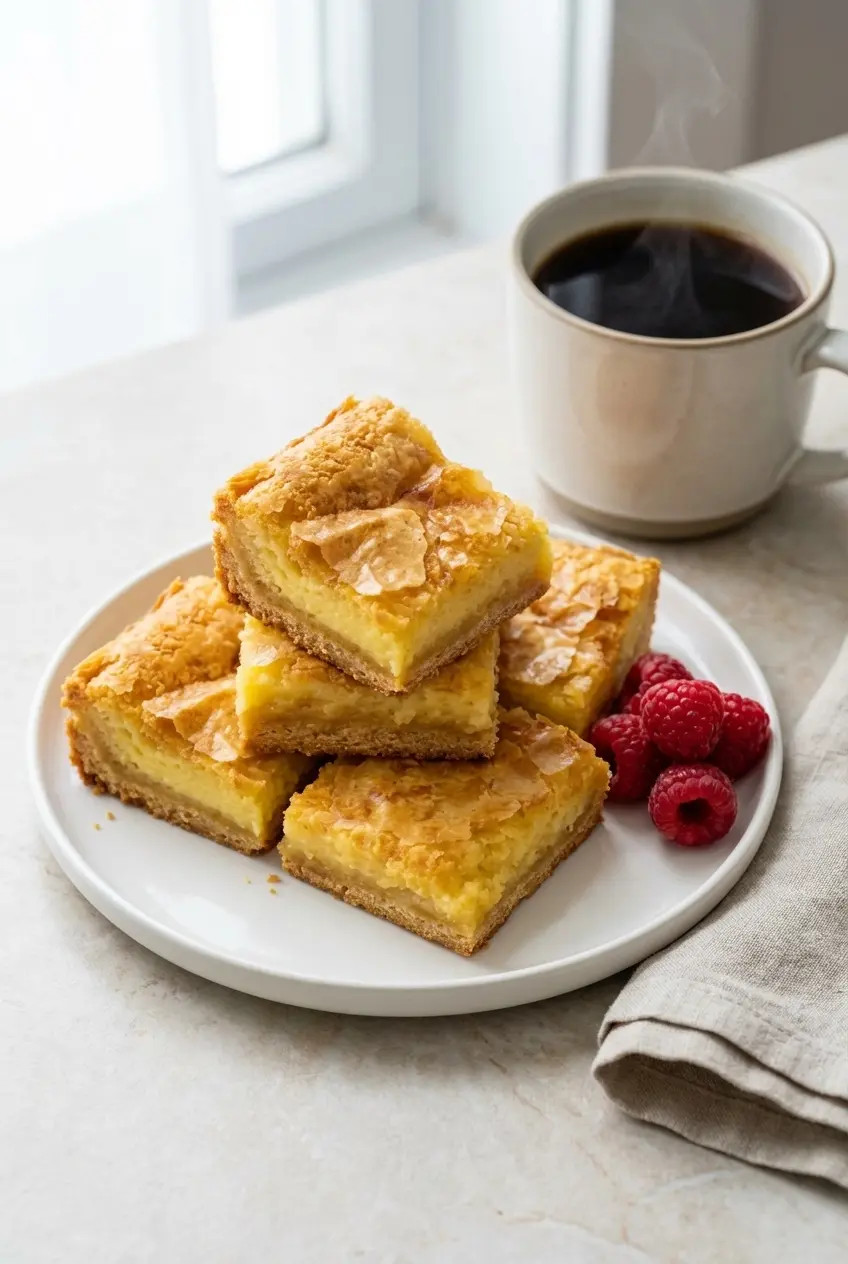 A stack of sliced Cream Cheese Squares ready to be served as a potluck dessert.