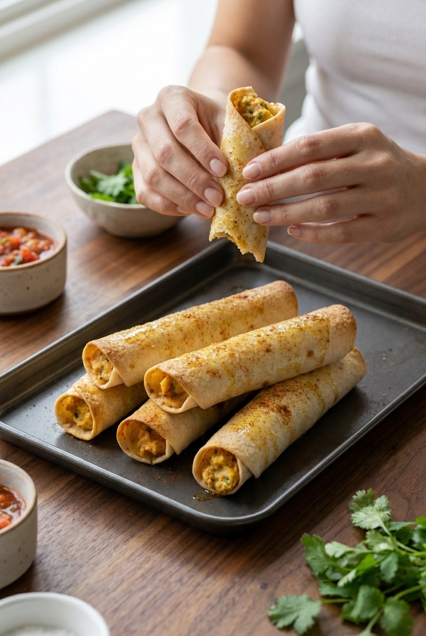 A platter of baked creamy chicken taquitos served as a party appetizer with a side of creamy cilantro dressing for dipping.