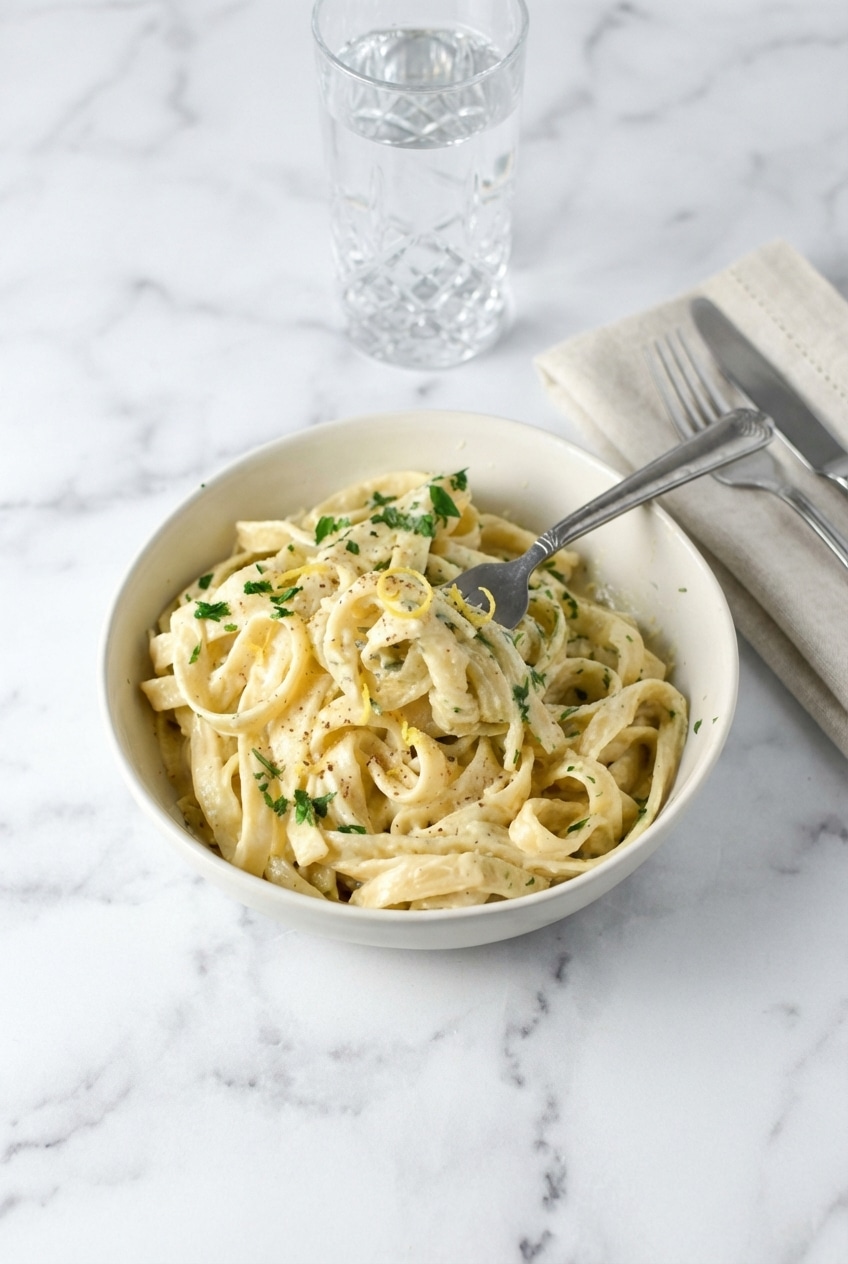 Twirled boursin pasta on a plate ready for a cozy dinner, showcasing the creamy fettuccine texture.
