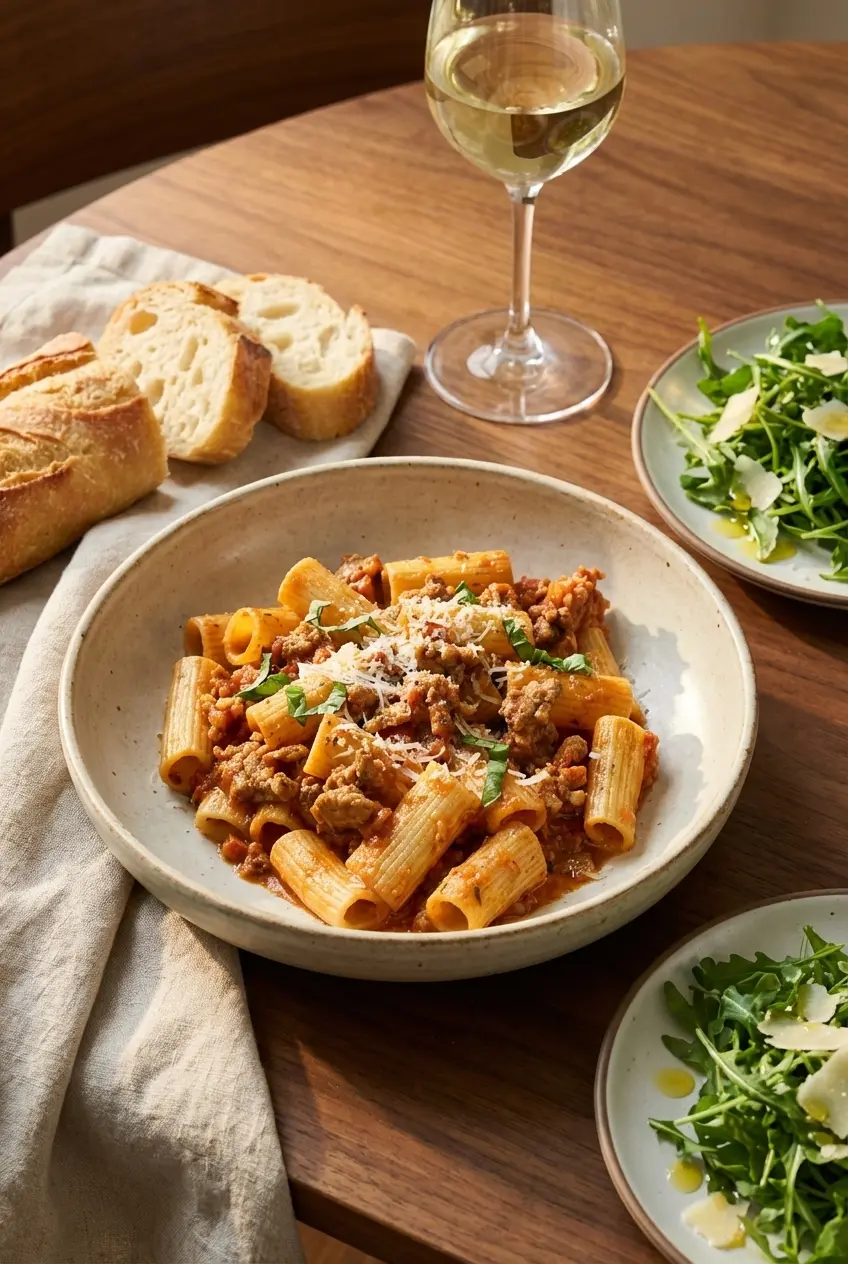 Generous serving of creamy italian sausage pasta portioned into rustic bowls for a cozy weeknight dinner table setting.