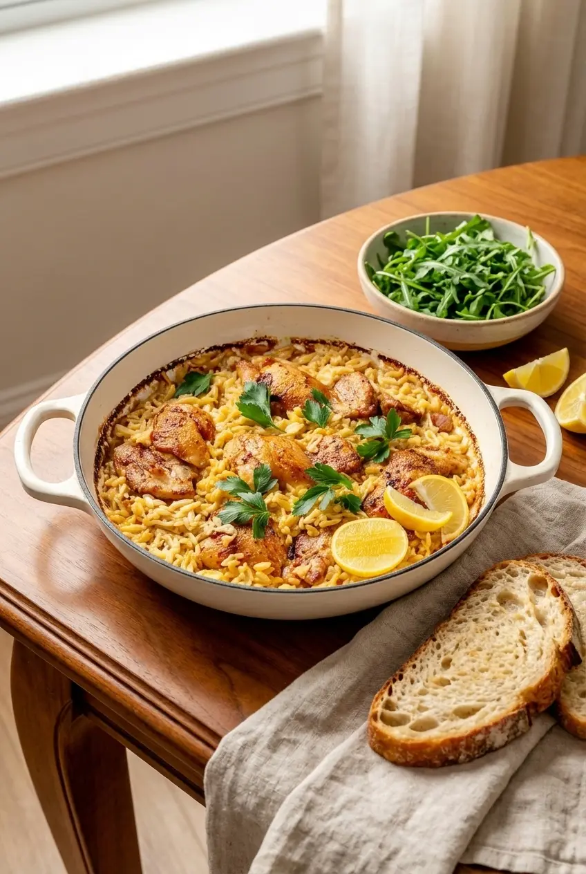 A warm, freshly scooped bowl of Creamy Lemon Chicken Orzo garnished with extra parmesan and lemon zest.