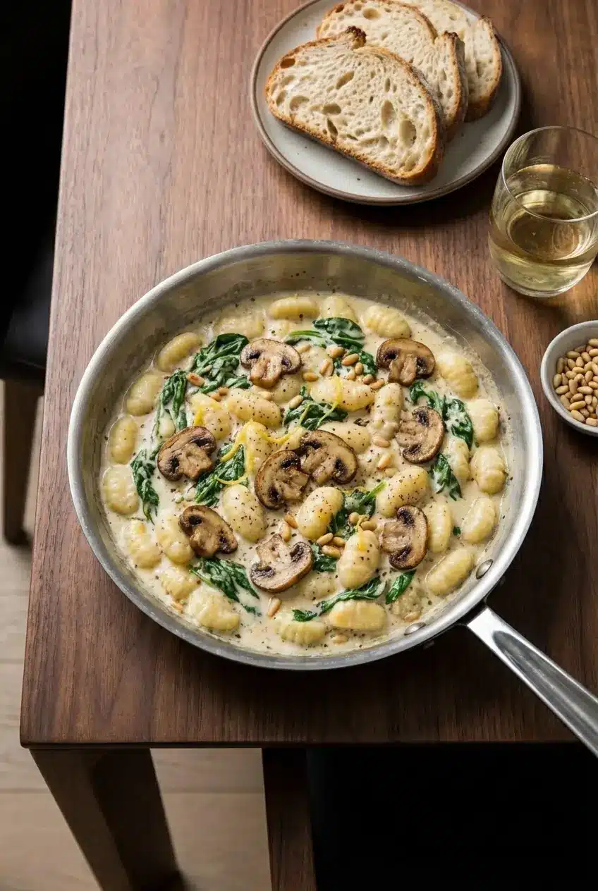 A bowl of Creamy Spinach and Mushroom Gnocchi served warm, highlighting the wilted spinach and pine nut garnish.