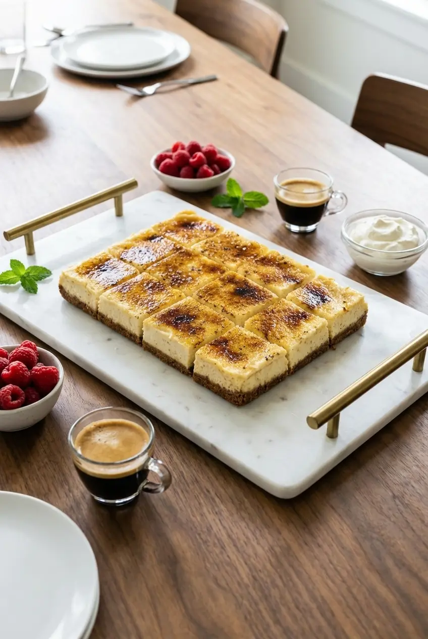 Crème Brûlée Cheesecake Bars sliced into squares and served on a white plate for a dessert gathering.