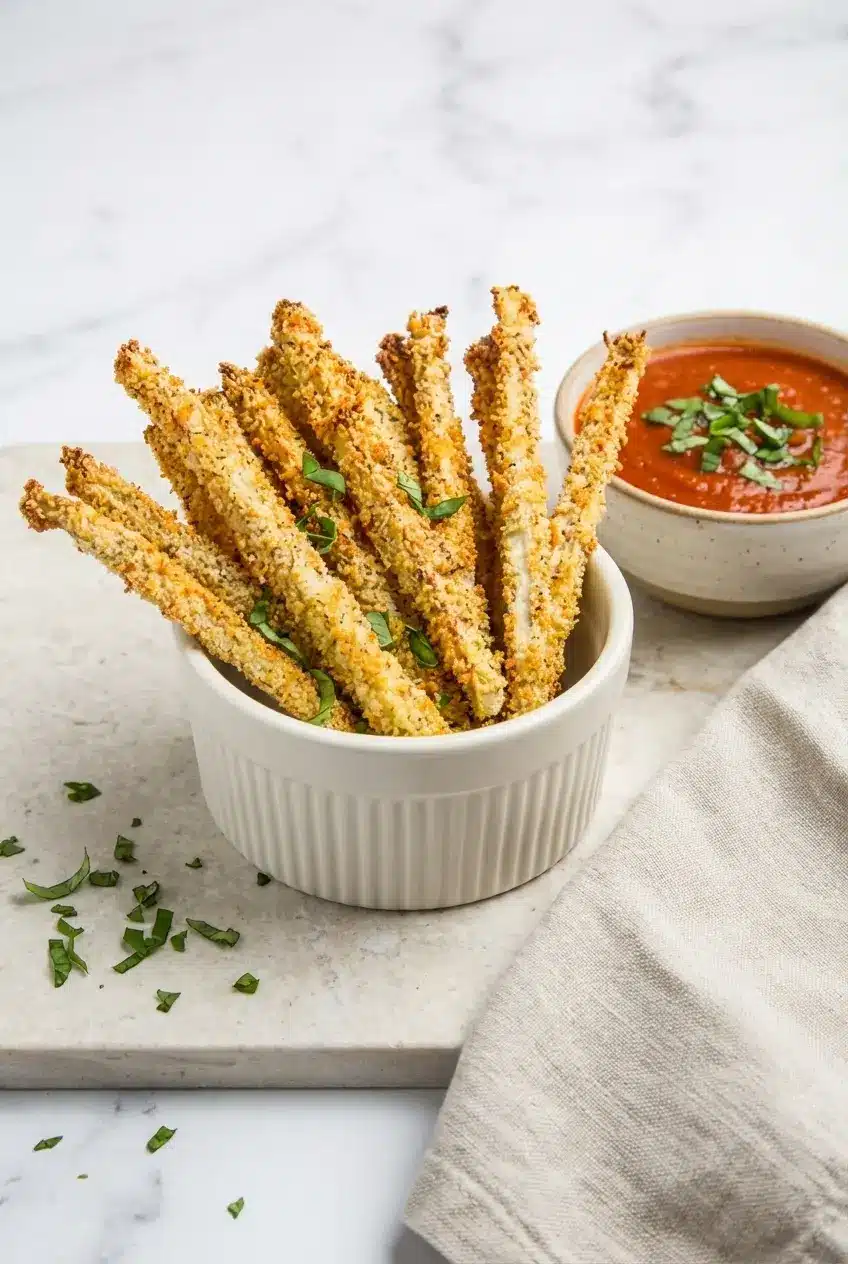 A platter of Crispy Baked Eggplant Fries served with a bowl of warm marinara sauce for dipping on a casual dinner table.