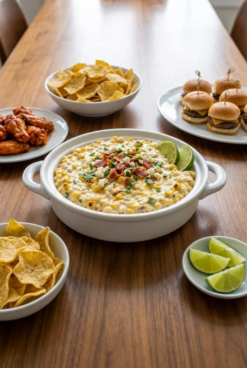 Crockpot Jalapeno Corn Dip served in a ceramic bowl with salty tortilla chips and crumbled queso fresco.