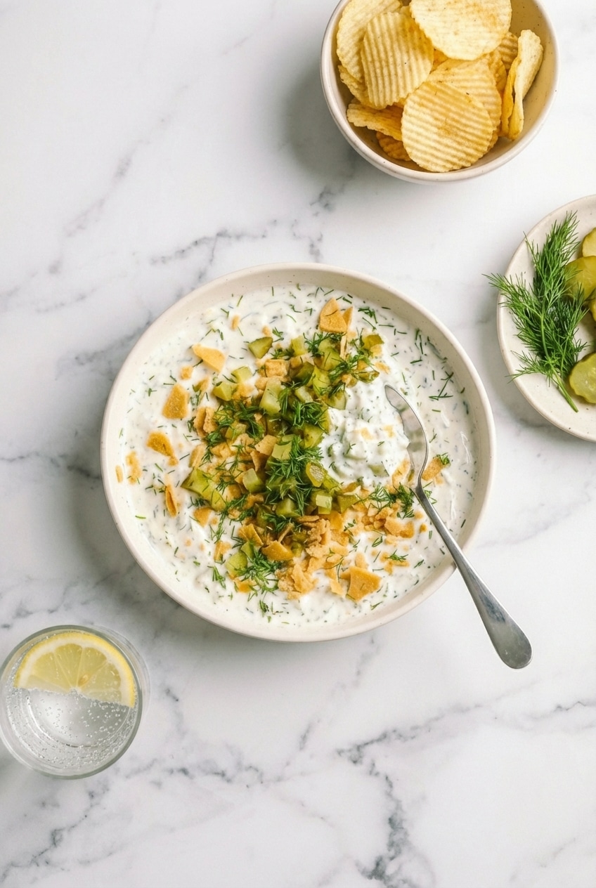 Dill Pickle Dip served in a white bowl on a party platter with crisp vegetable sticks and crackers.