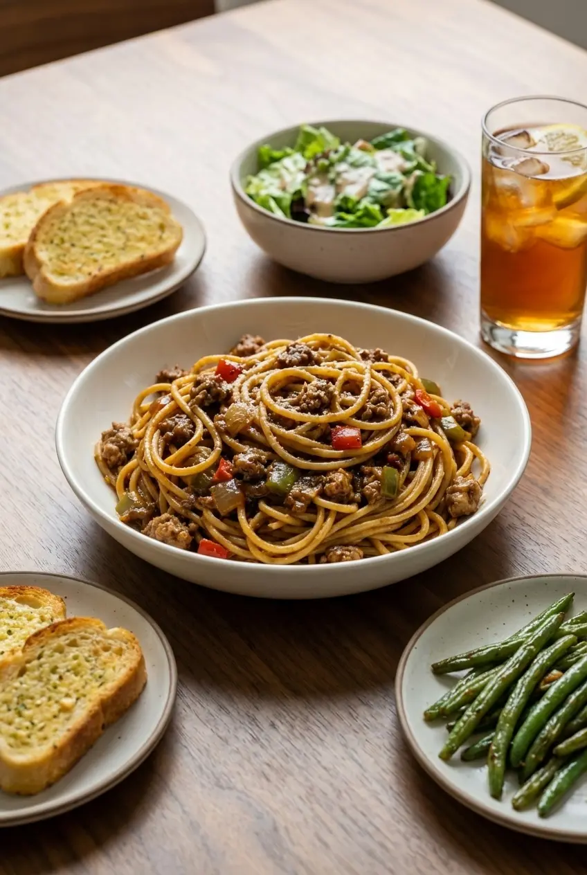 A finished portion of dirty spaghetti recipe served in a bowl, perfect for family dinner.