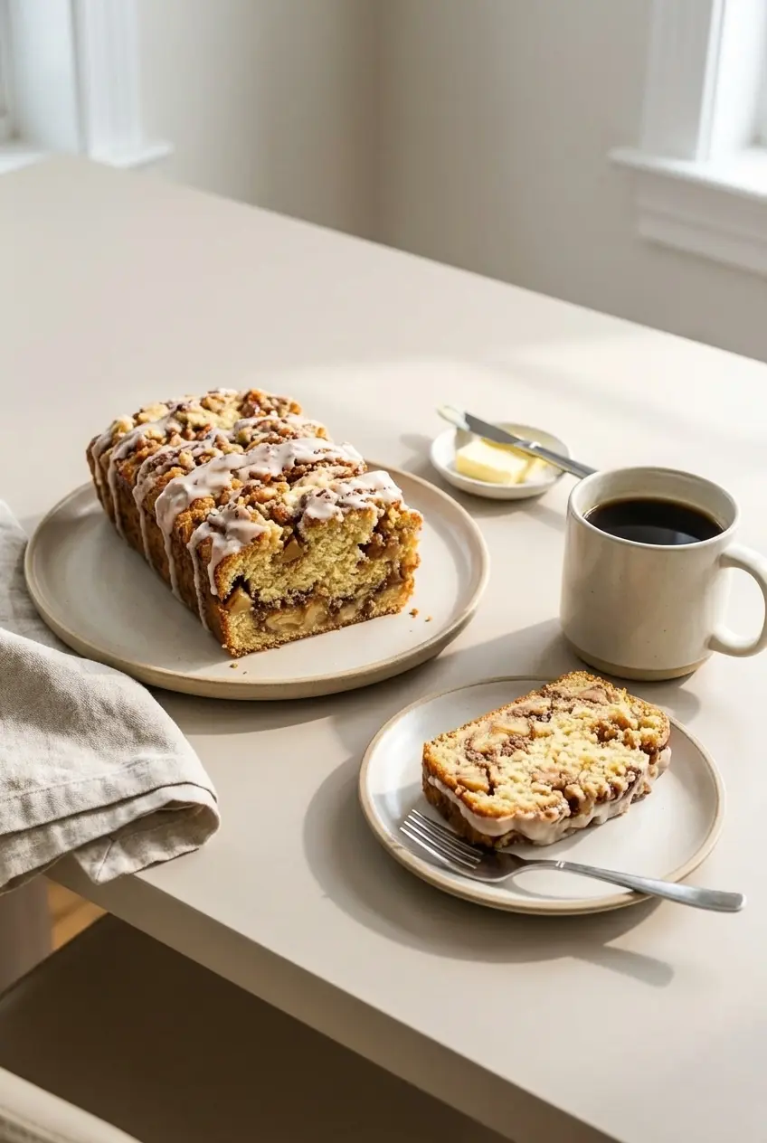 Individual slices of Famous Apple Fritter Bread served on a plate highlighting the salted maple glaze.