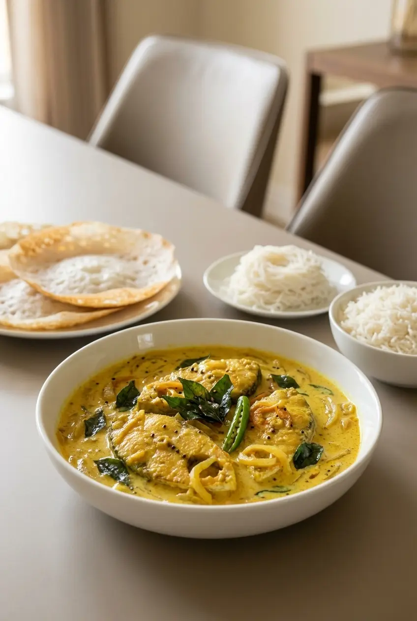 Fish molly kerala recipe served in a ceramic bowl alongside fluffy white appam for a traditional meal.