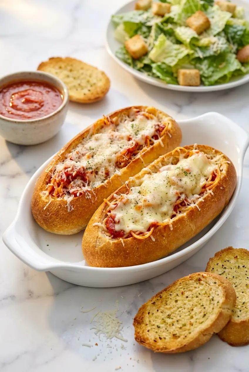 Golden baked spaghetti boats served on a casual dining table, ready to be enjoyed as a hearty meal.