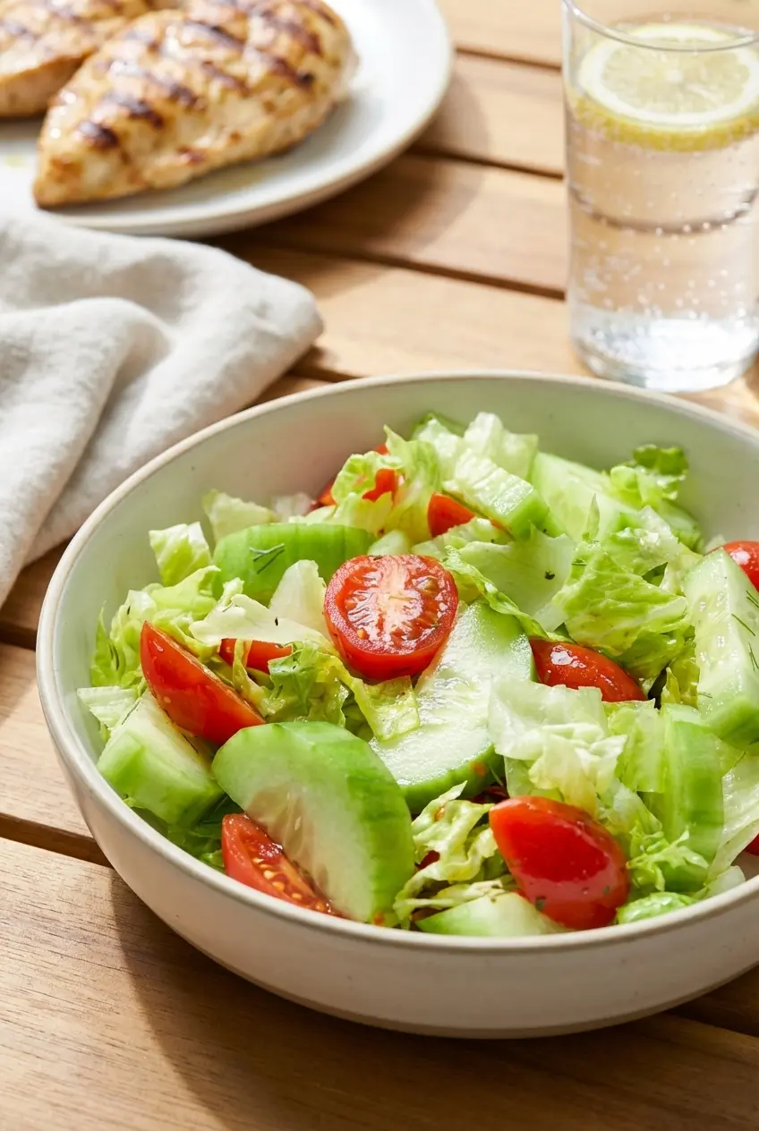 A large bowl of lettuce tomato and cucumber salad served on a wooden dining table alongside summer dinner plates.