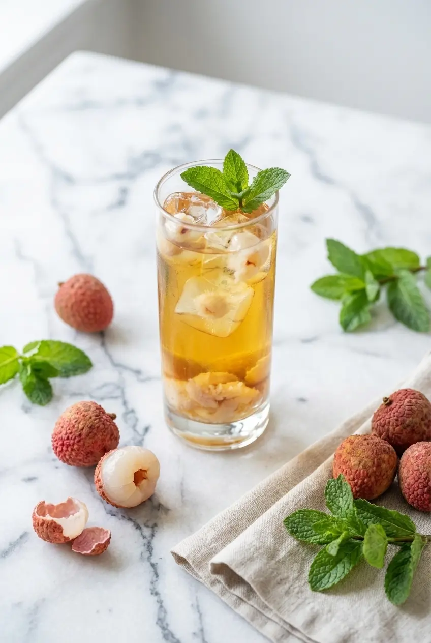 Tall glass of a homemade Lychee Tea Recipe poured over lychee-infused ice cubes on a sunny patio table.