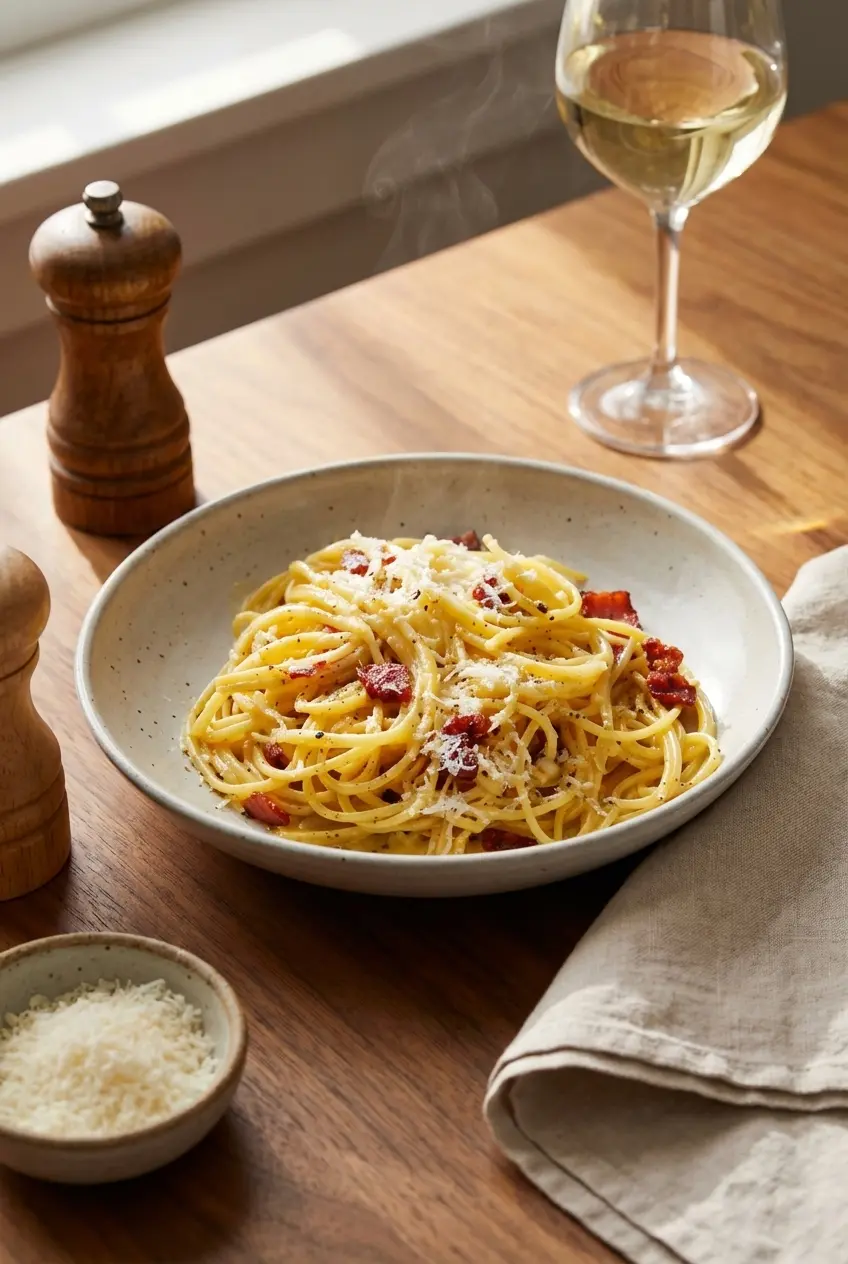 A steaming bowl of pasta carbonara served on a rustic dining table with a side of extra grated cheese.