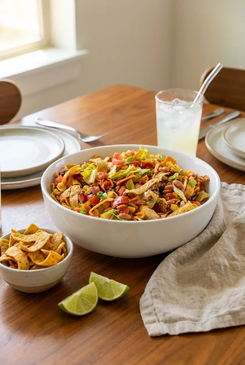 Portioned bowls of frito taco salad topped with shredded cheddar cheese, ready for a casual family dinner.