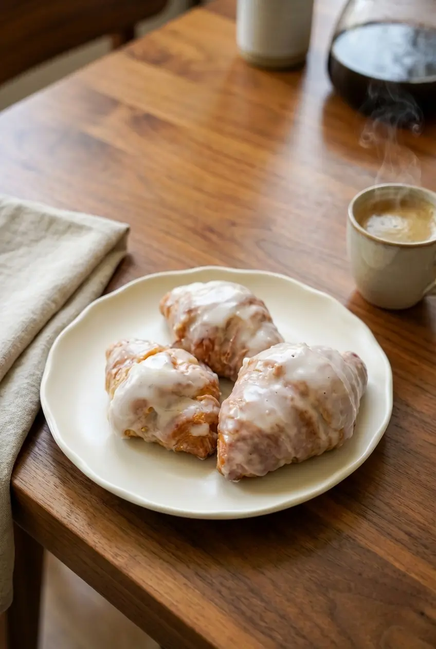 A sweet breakfast setting featuring our glazed croissants recipe stacked on a serving plate beside a cup of coffee.