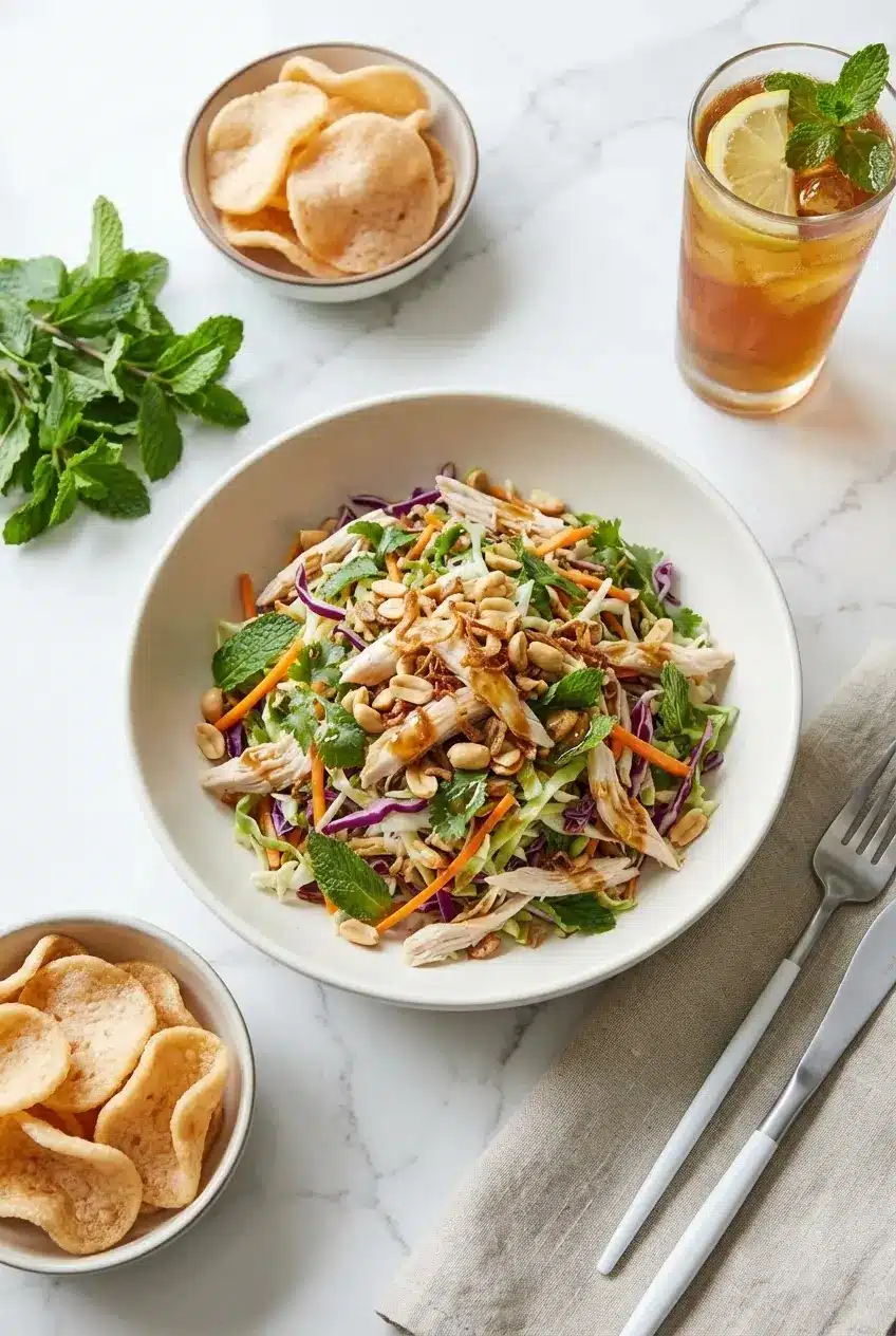 A beautifully plated Goi Ga Recipe served in a large wooden bowl alongside a small dish of sweet and savory Nuoc Cham.
