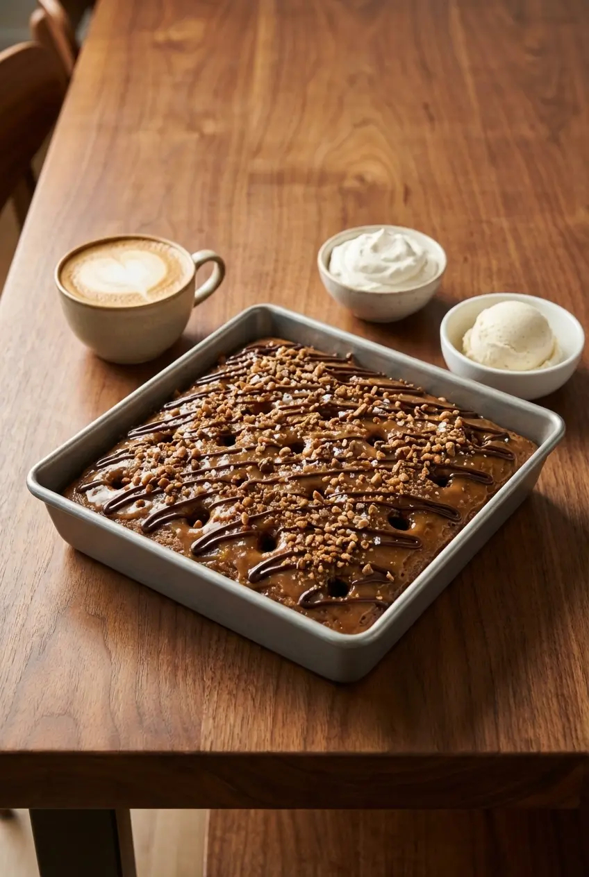 A slice of gooey coffee caramel cake ready to be served on a cozy table setting.