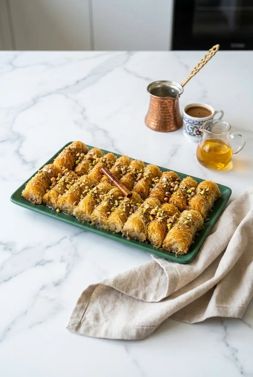 A beautiful platter of the prepared Greek Kataifi Rolls Recipe arranged neatly on a table for dessert.