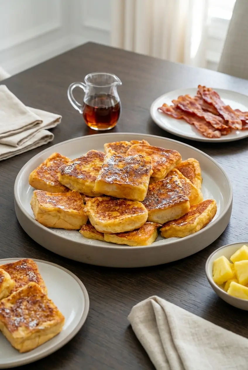 Plated hawaiian roll french toast dusted with confectioners' sugar and served with fresh fruit for brunch.